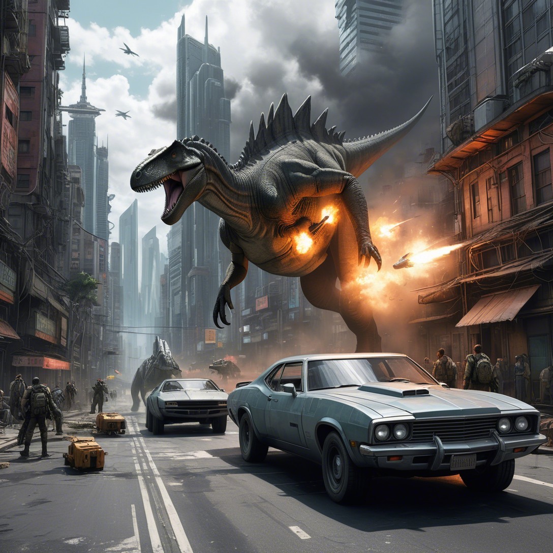 Dinosaur Destruction in a Dystopian Cityscape