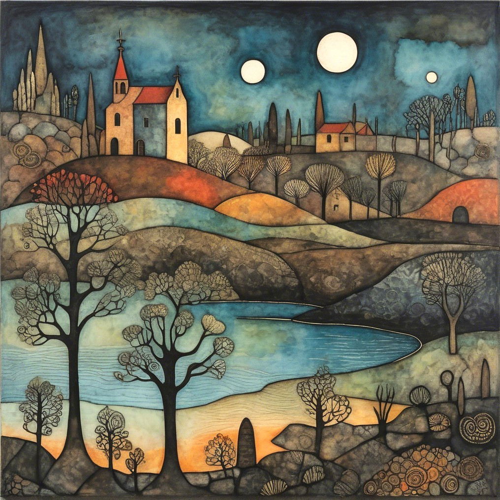 Serene landscape with hills, church, and three moons