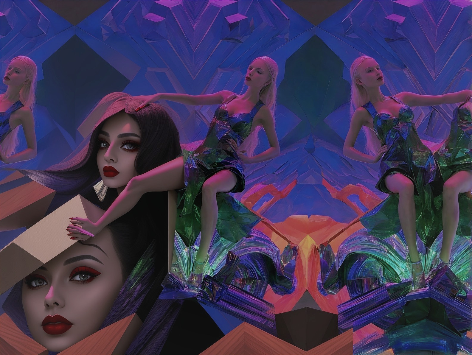 Complex Digital Art with Female Figures and Geometry