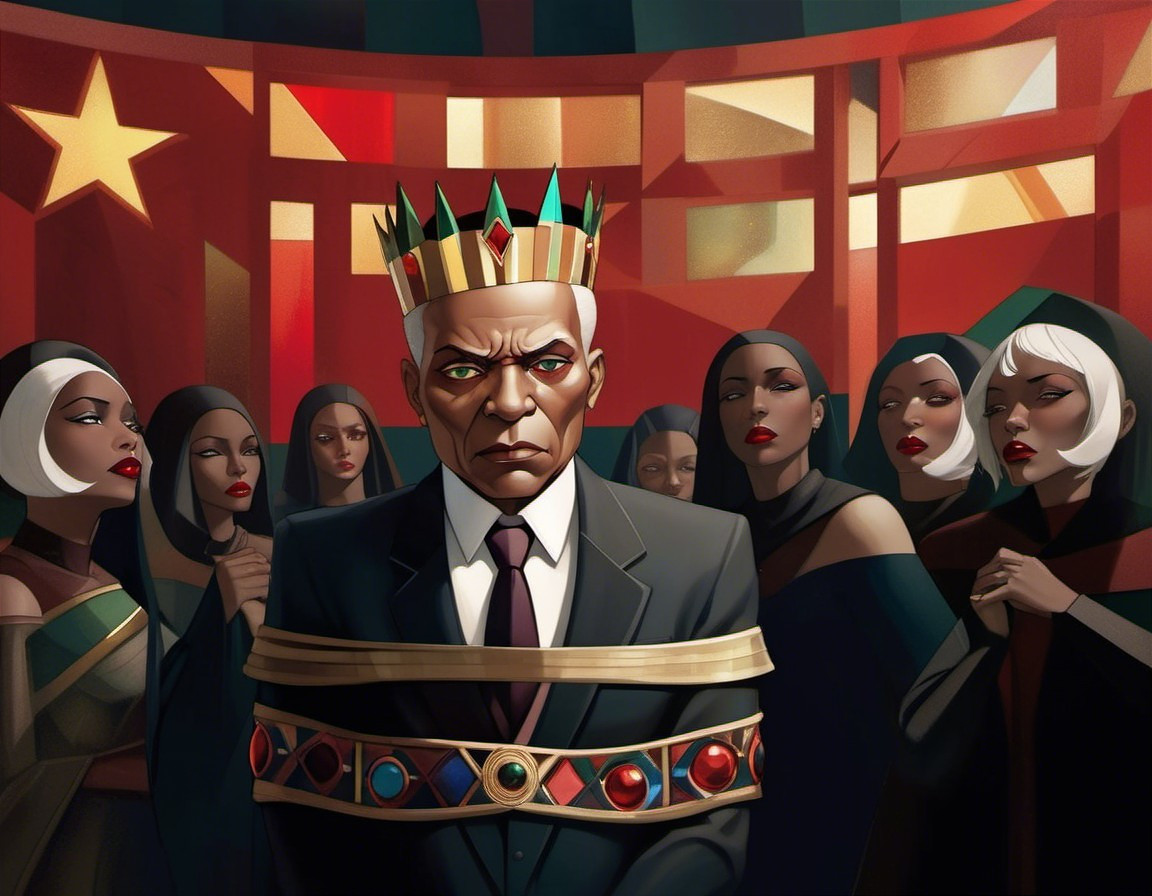 Regal Man Surrounded by Mysterious Women in Dark Robes