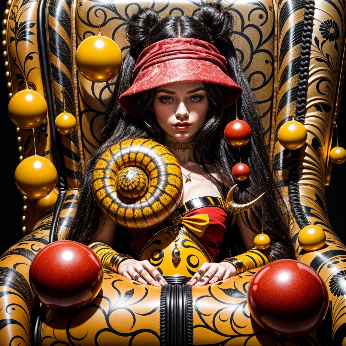 Confident figure in vibrant chair with whimsical orbs