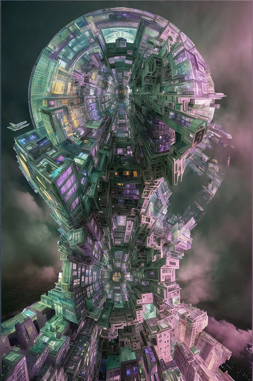 Surreal Futuristic Cityscape with Tunnel-Like Structure