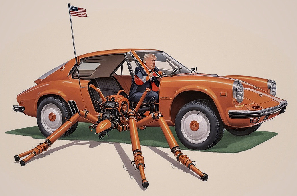 Retro Orange Sports Car with Animated Spider Machine