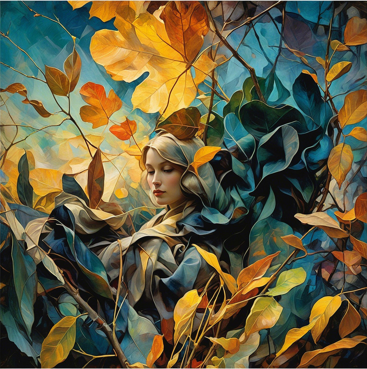 Serene Woman Surrounded by Vibrant Autumn Foliage