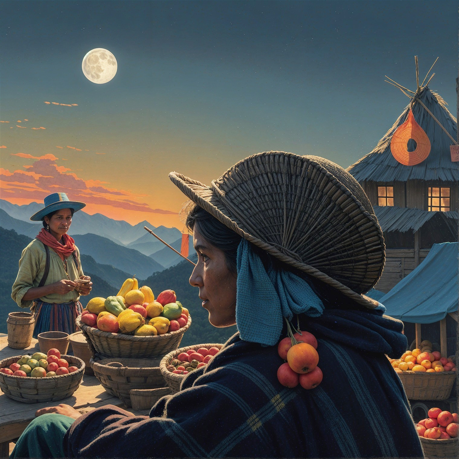 Mountain Market with Fruits and Moonlit Landscape