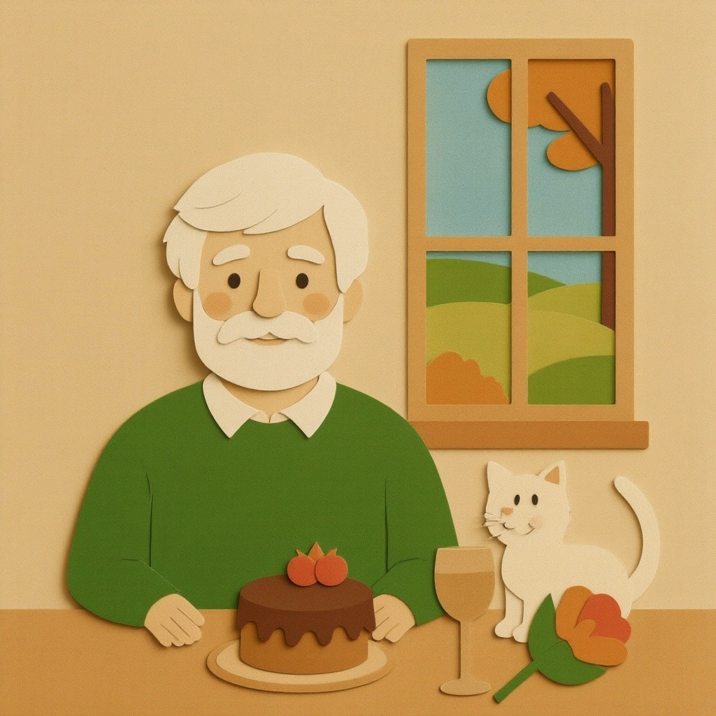 Elderly man enjoys chocolate cake with a cat nearby