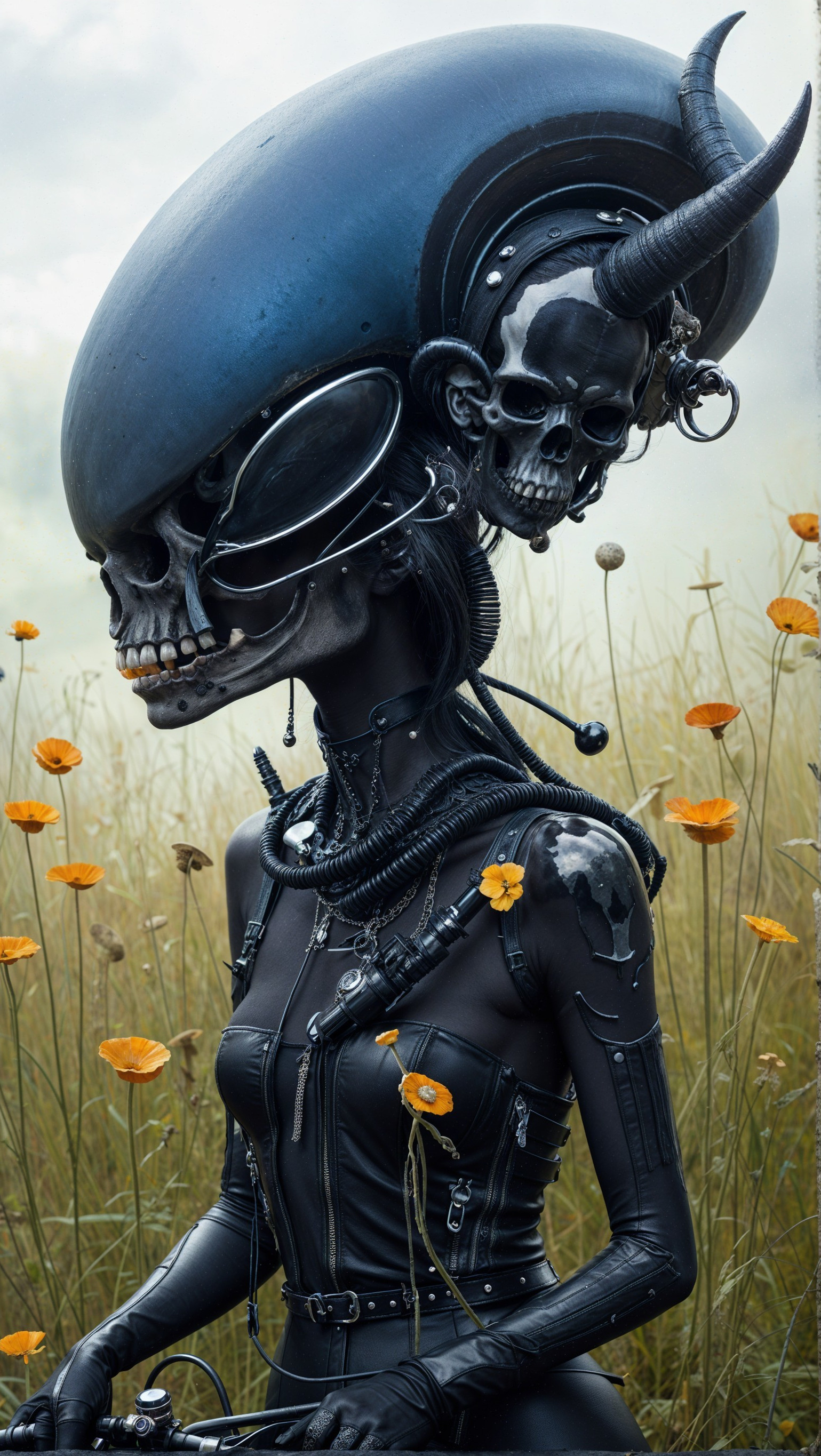 Surreal Cybernetic Figure in Yellow Flower Field