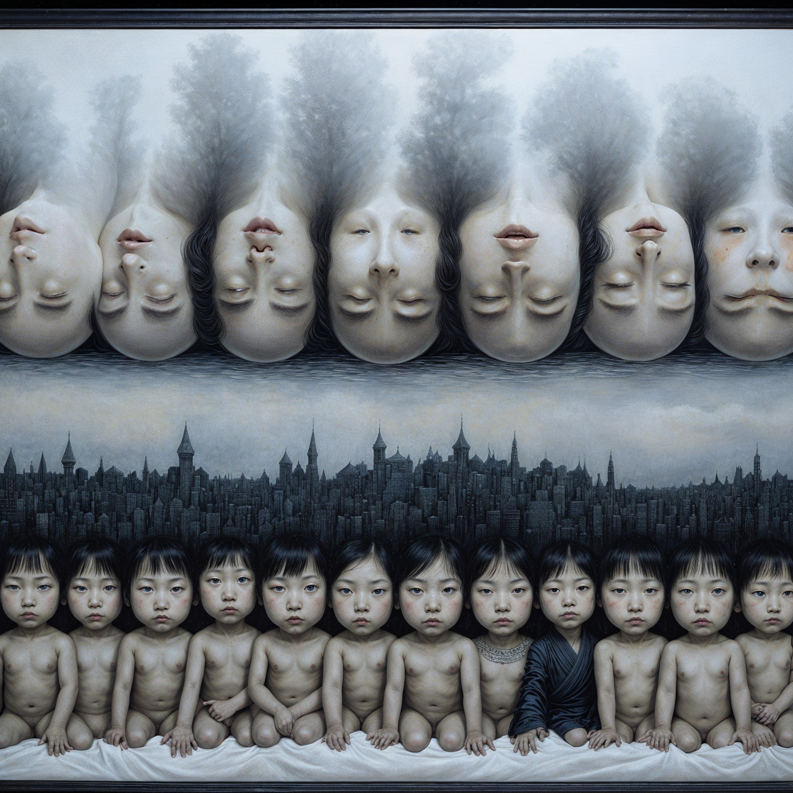 Surreal Artwork of Ghostly Faces and Children in City