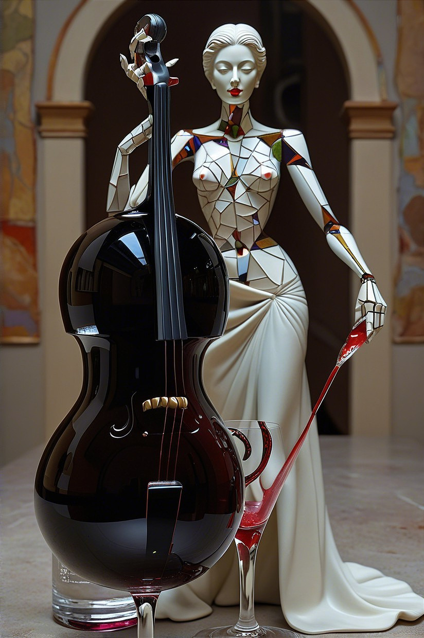Abstract Female Figure with Cello and Geometric Patterns