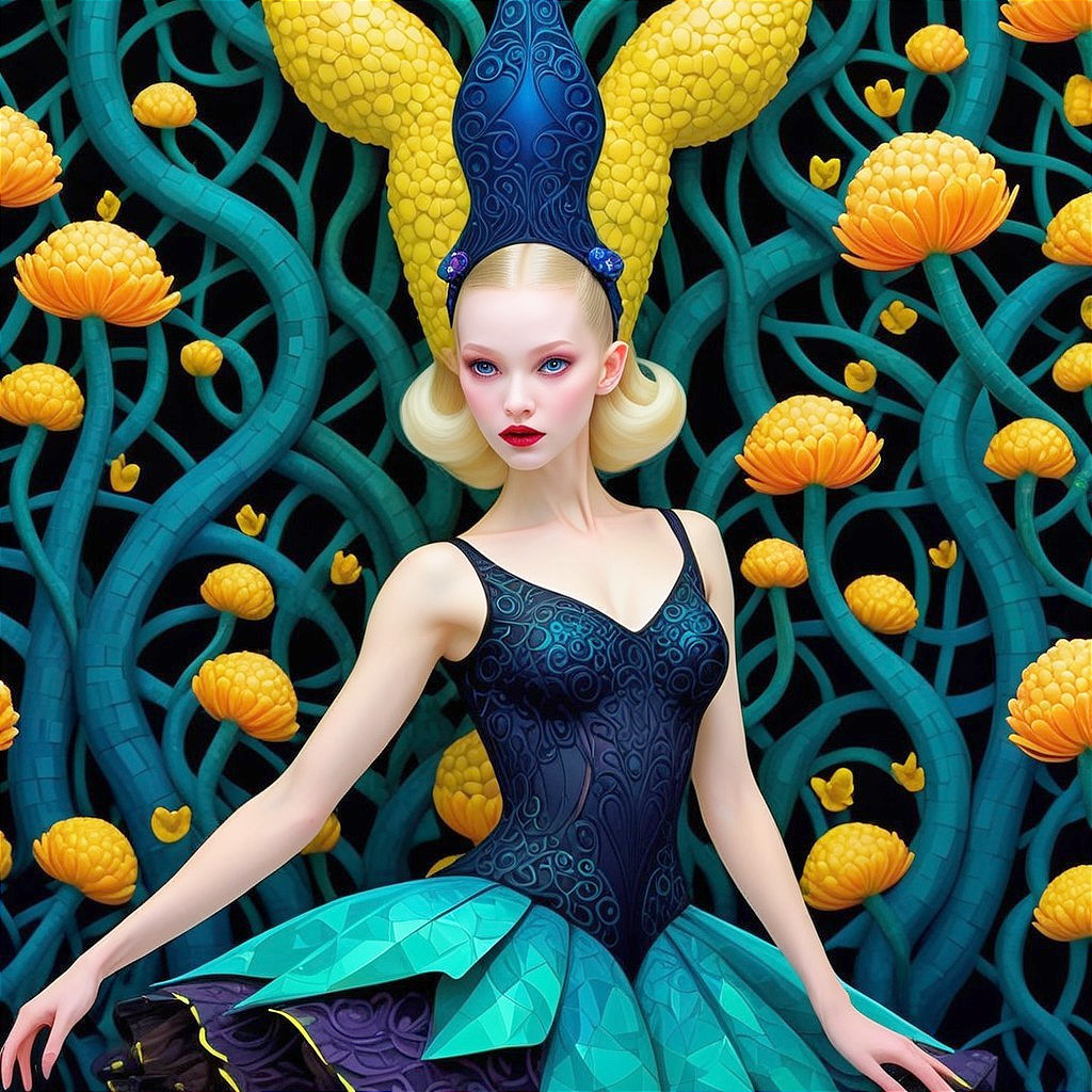 Vibrant Figure in Teal Dress with Dramatic Headpiece