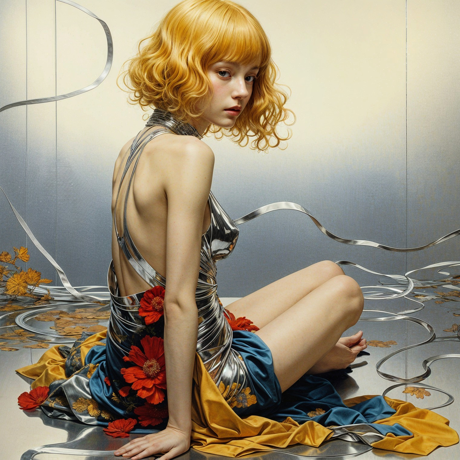 Young woman in silver dress with vibrant blonde curls