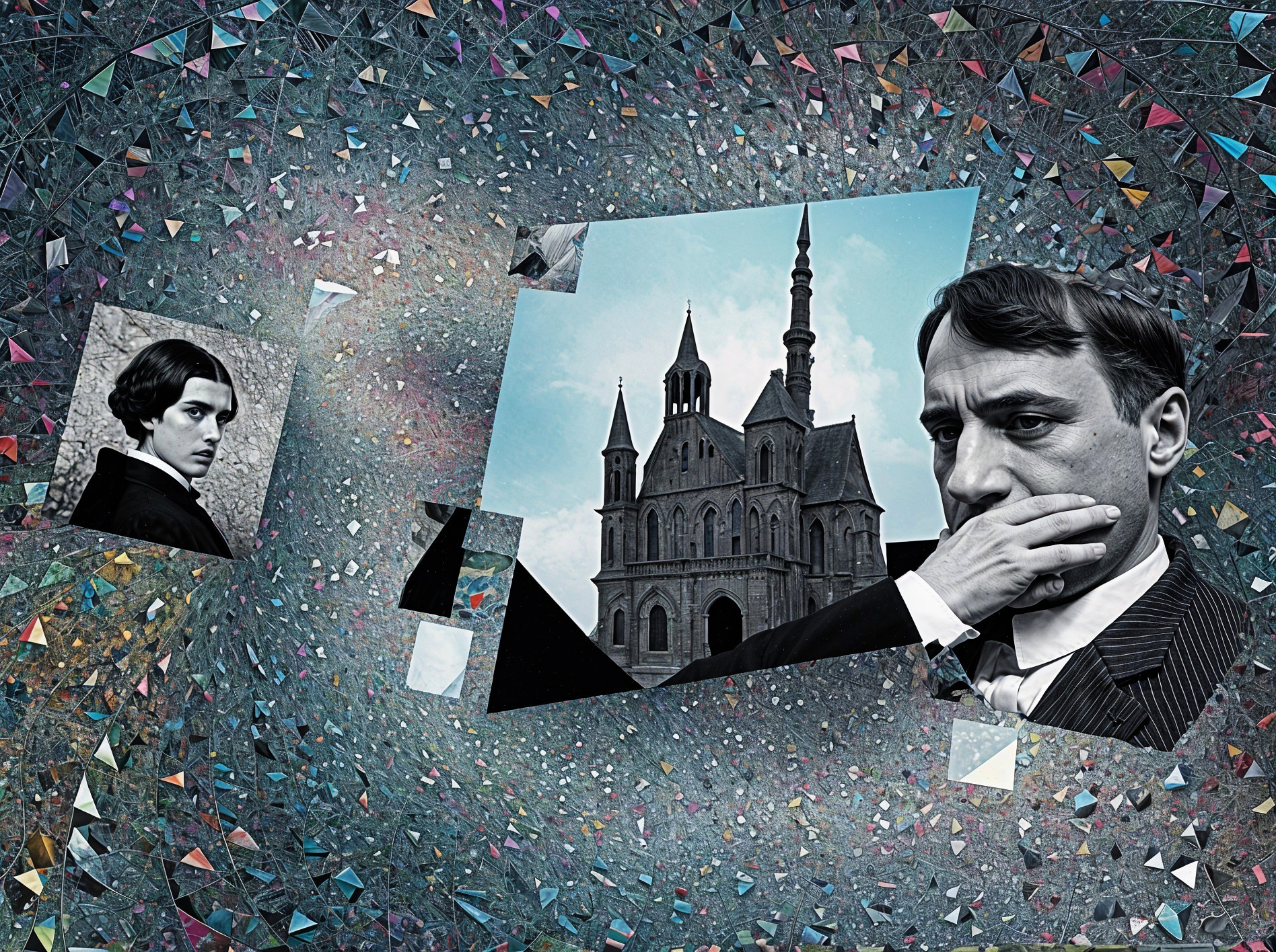 Surreal Composition with Historical Portrait and Gothic Church