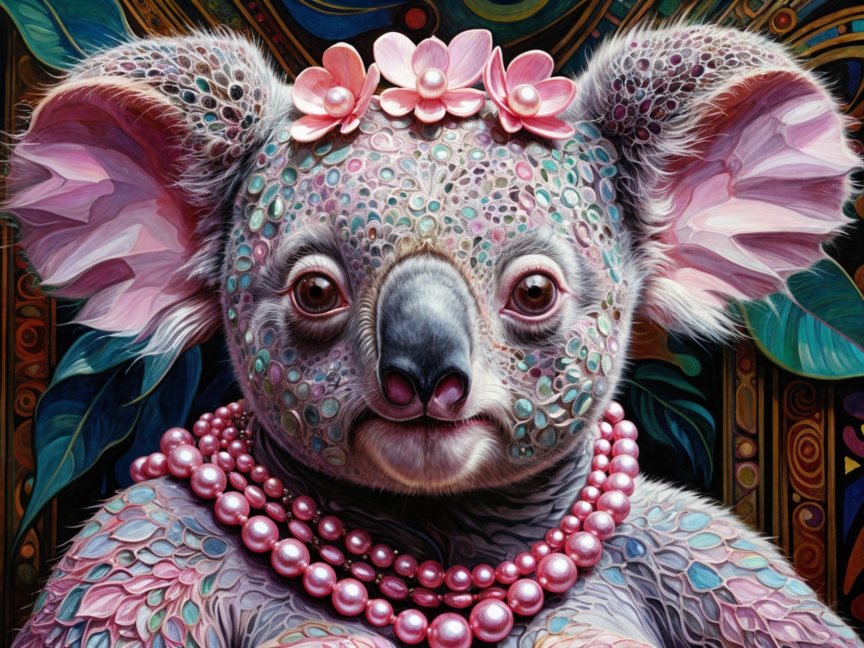 Whimsical Koala with Patterns and Floral Crown