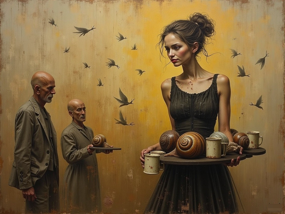 Surreal Scene with Woman, Snails, and Observers