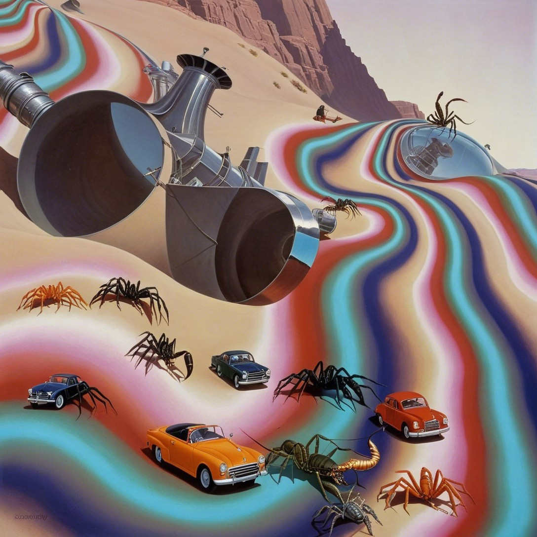 Surreal Landscape with Jet Engines and Vintage Cars
