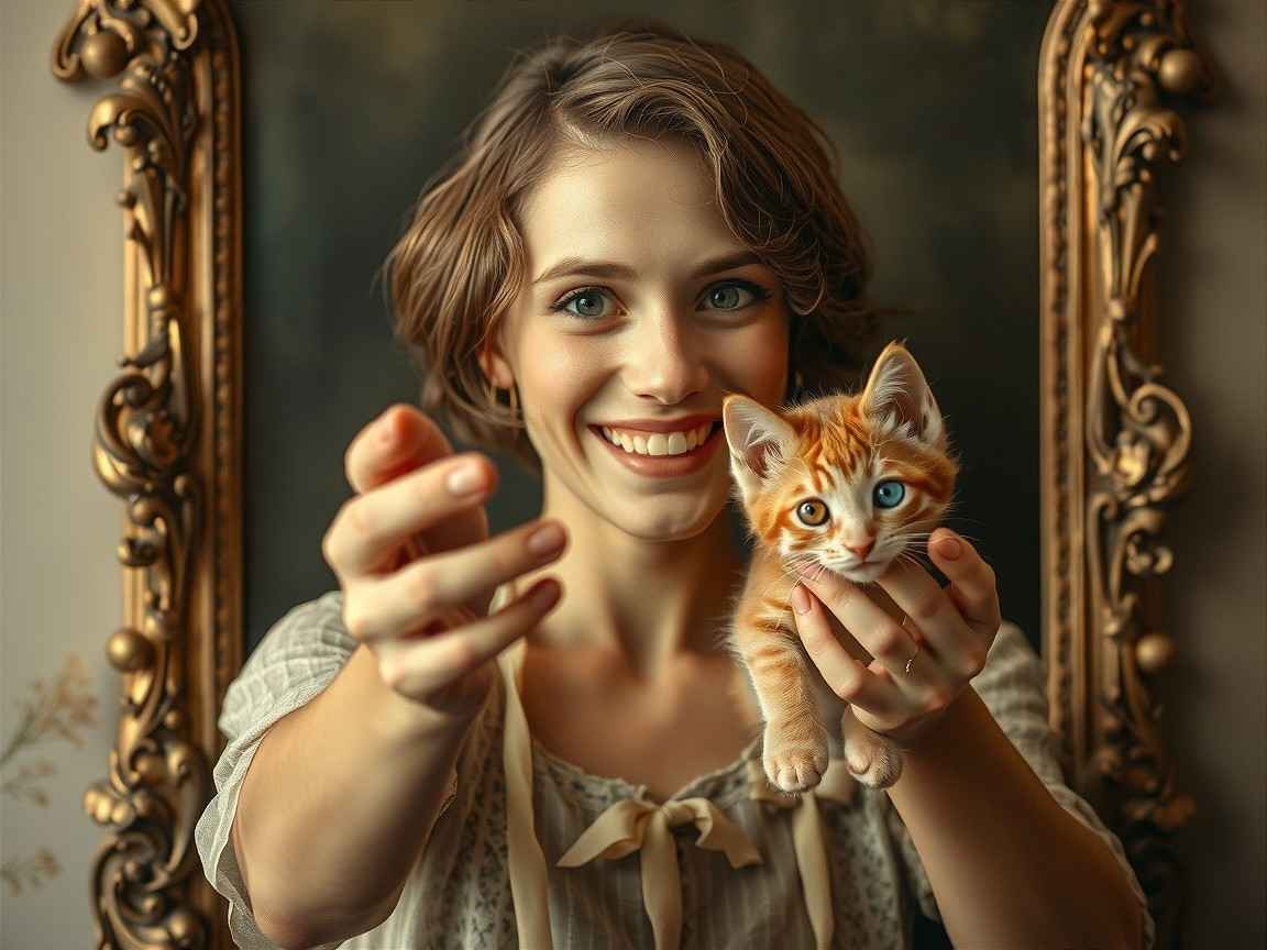 Young woman with orange tabby kitten in gold frame