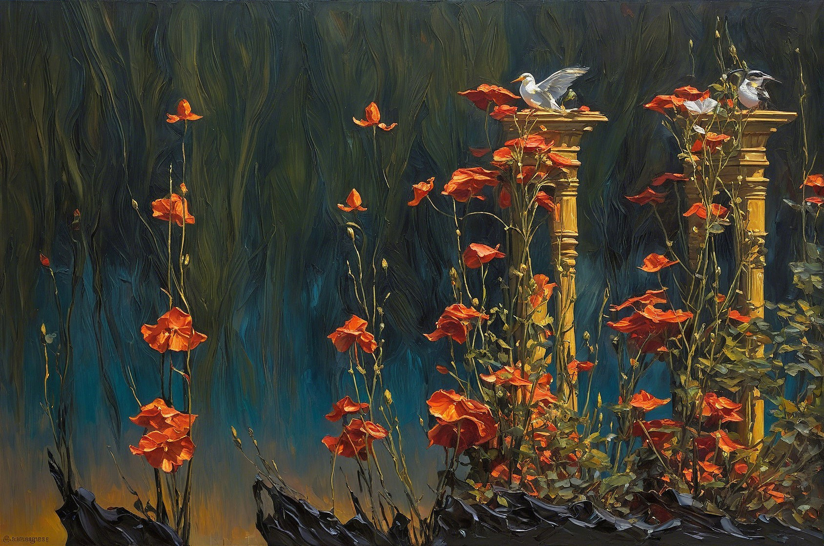 Vibrant Landscape with Red Poppies and Birds