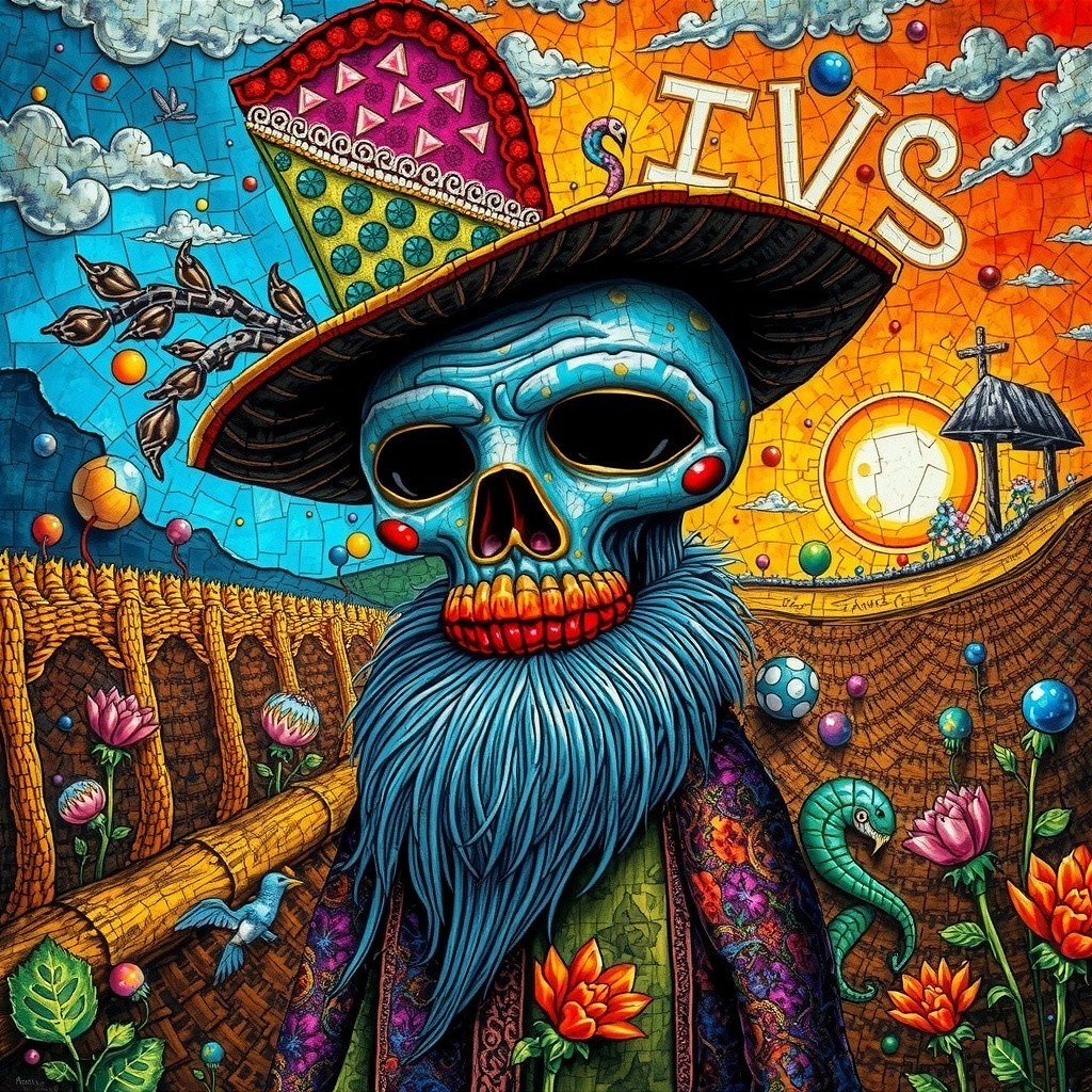 Colorful Skull with Sombrero in Surreal Landscape