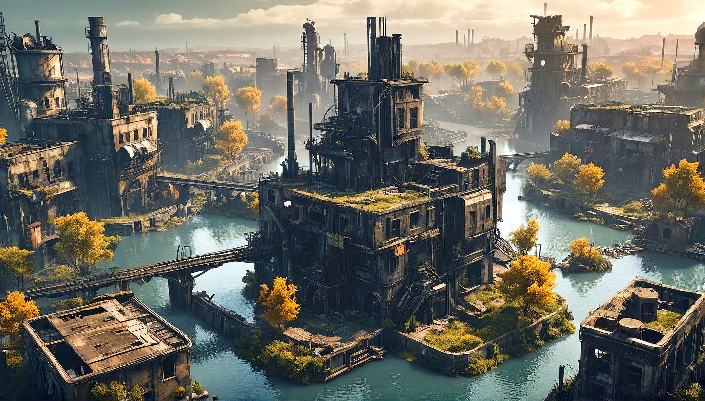 Post-Apocalyptic Cityscape with Greenery and Water