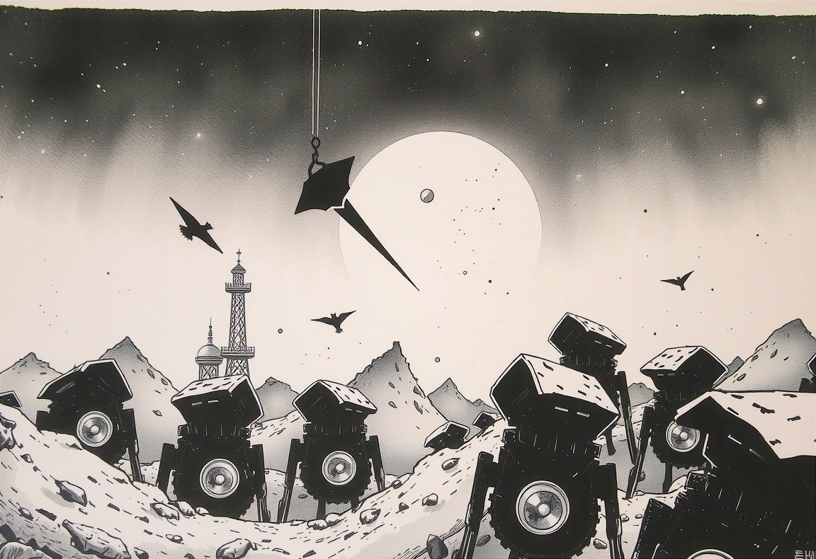 Monochromatic Landscape with Robots and Celestial Body