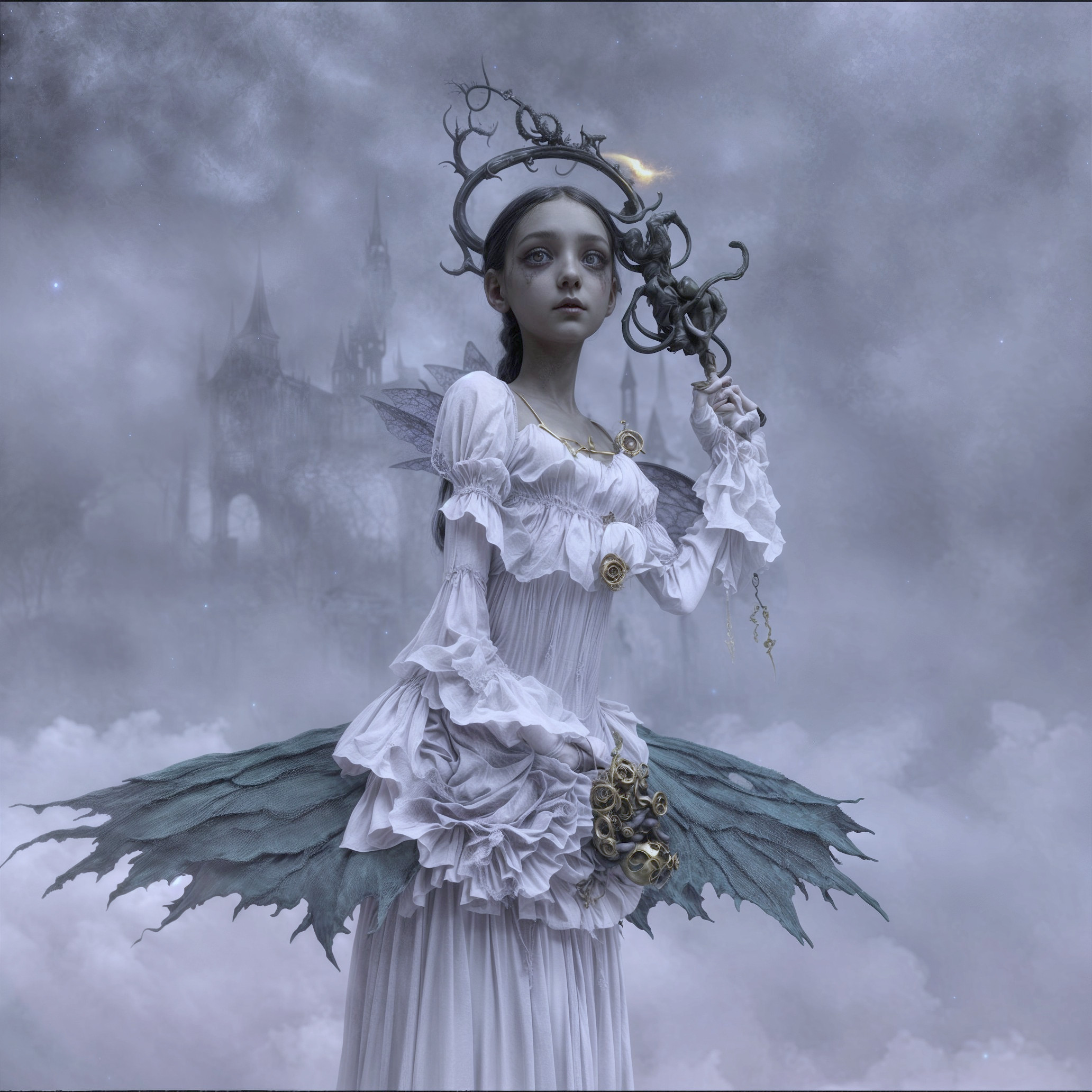Ethereal figure in white gown with shadowy castle backdrop