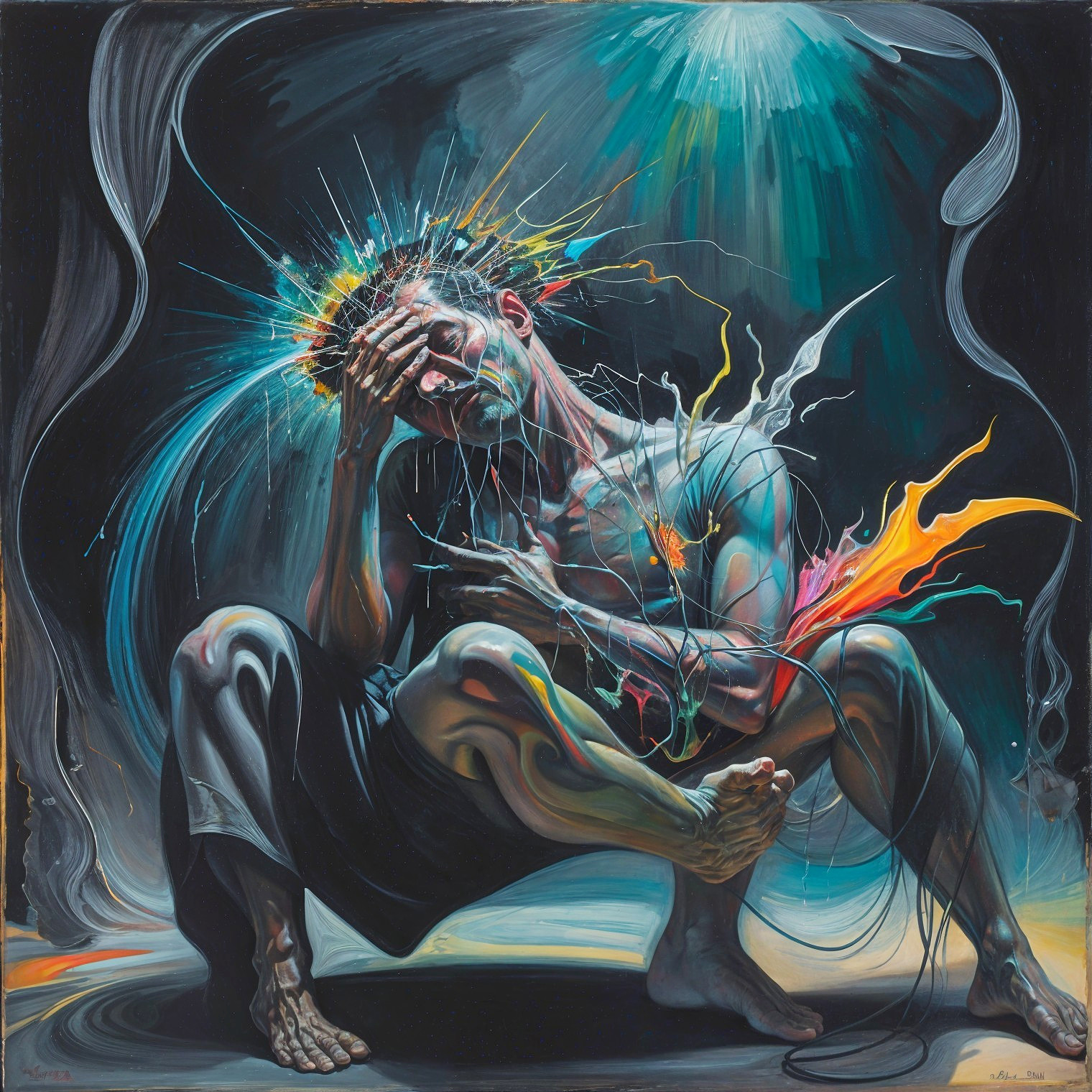 Contemplative Muscular Figure with Vivid Color Burst