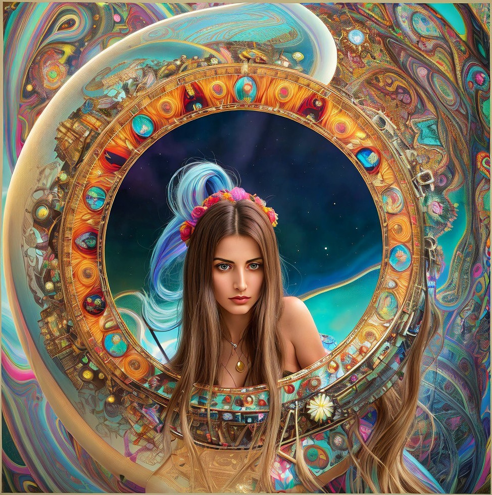 Mystical Scene with Woman and Ornate Cosmic Frame