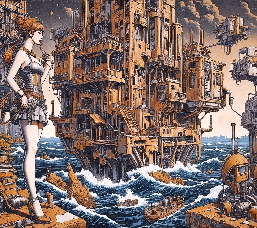 Futuristic Industrial Landscape with Stormy Seas