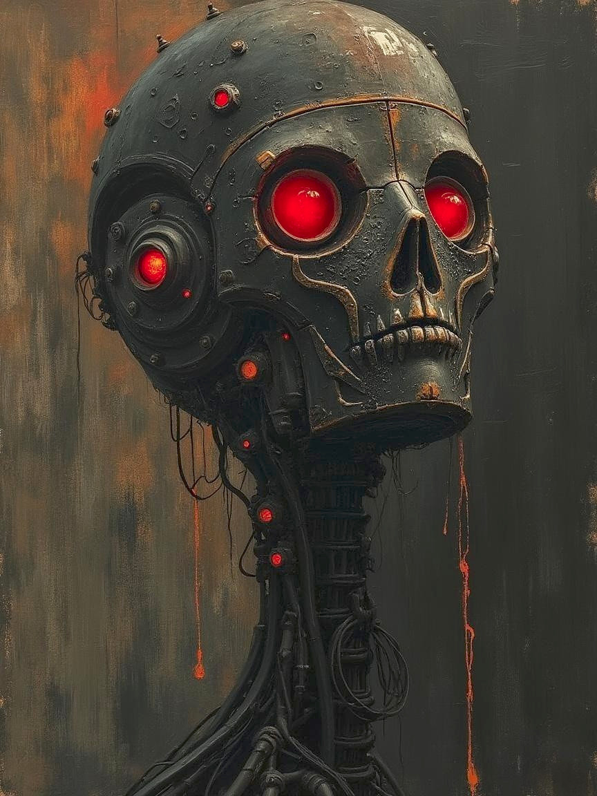 Futuristic skull figure with glowing red eyes and robotics