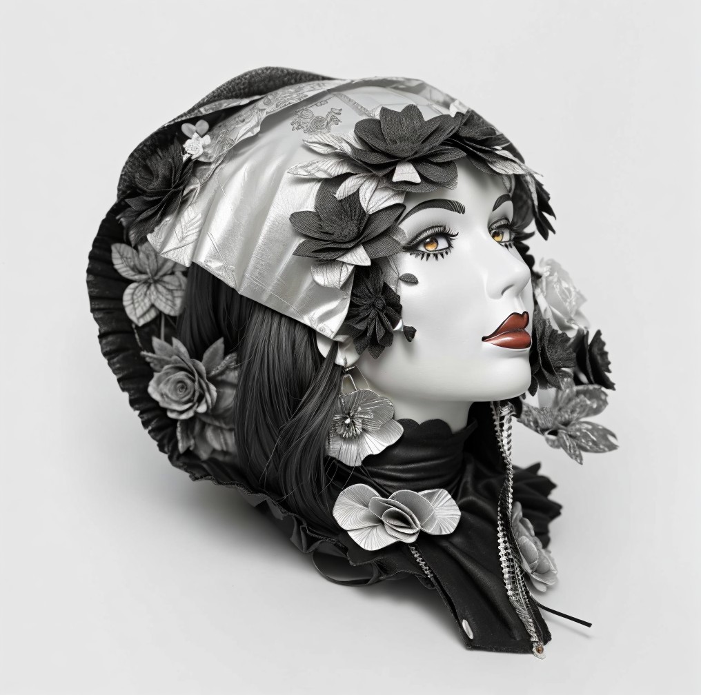 Stylized Mannequin Head with Floral Accents and Headpiece