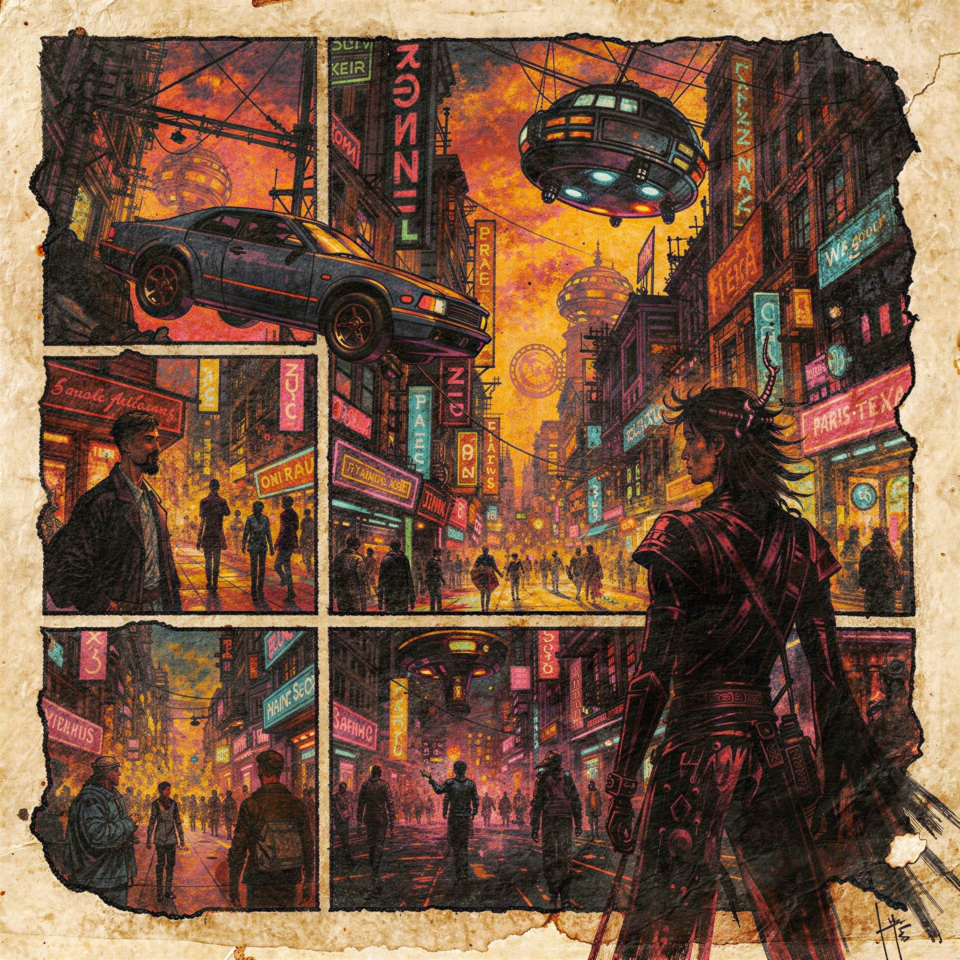 Cyberpunk Comic Page with Distressed Texture and Neon City