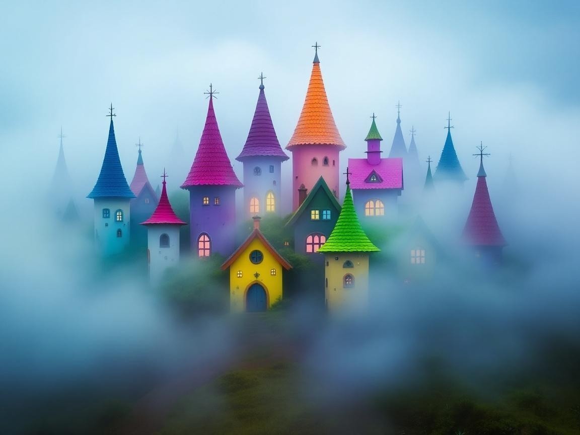 Whimsical Village with Colorful Houses in Fog