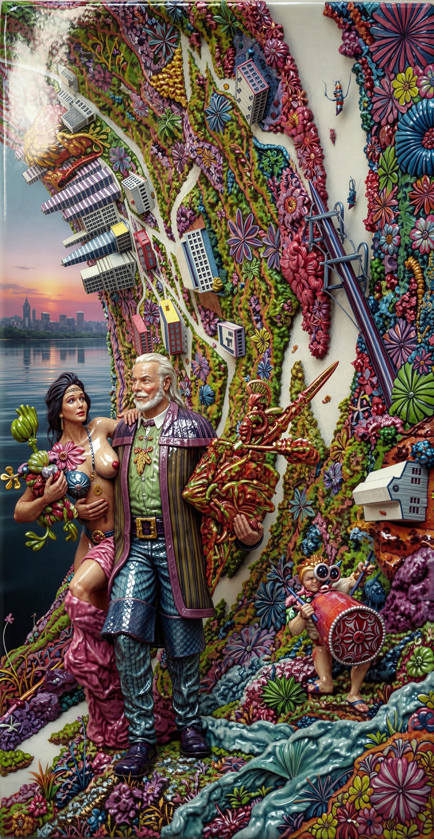 Folk Art Painting of a City and River Landscape