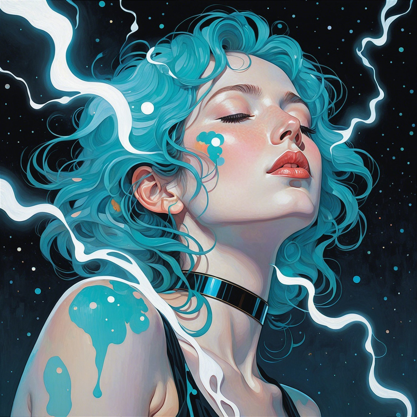 Serene Woman with Turquoise Hair and Dreamlike Background