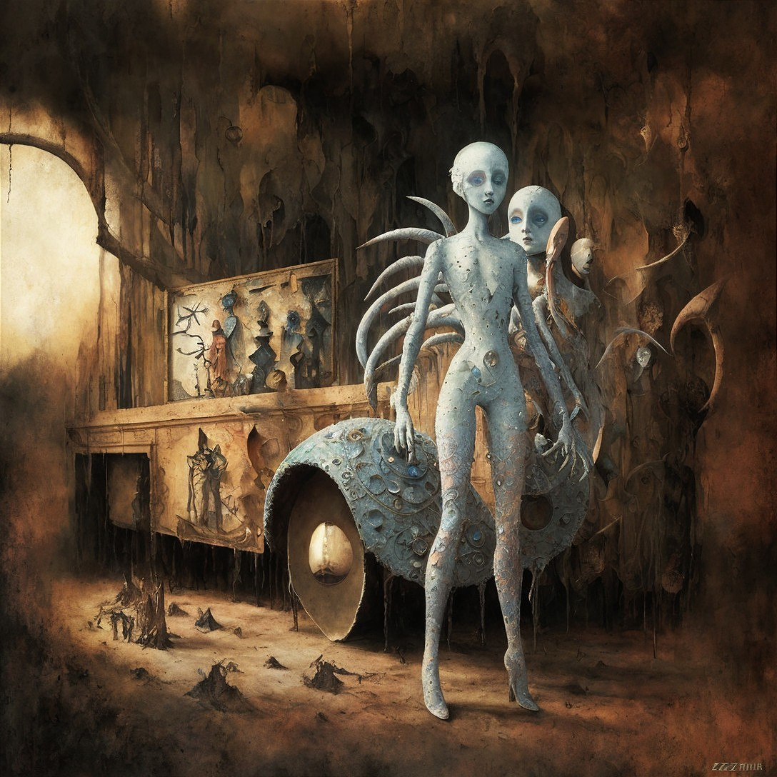 Pale Humanoid Figures in Eerie Fantastical Landscape