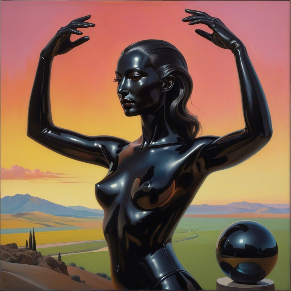Stylized Woman Sculpture Against Sunset Background