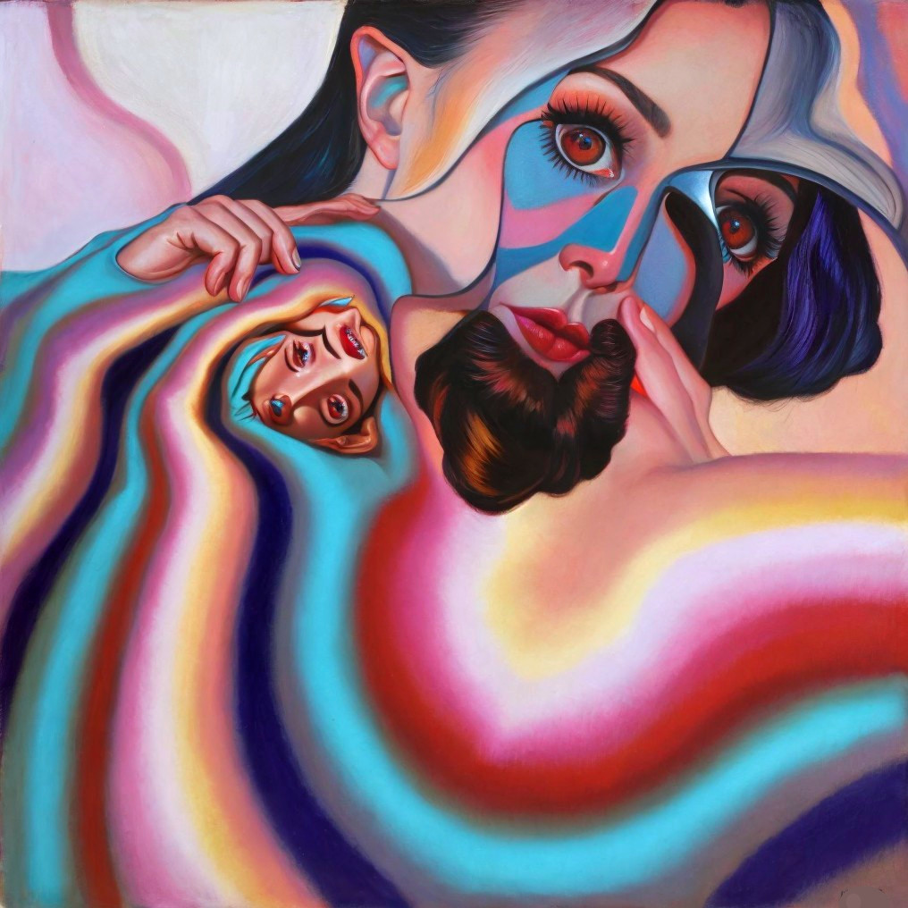 Surreal Face Composition with Vibrant Colors and Shapes