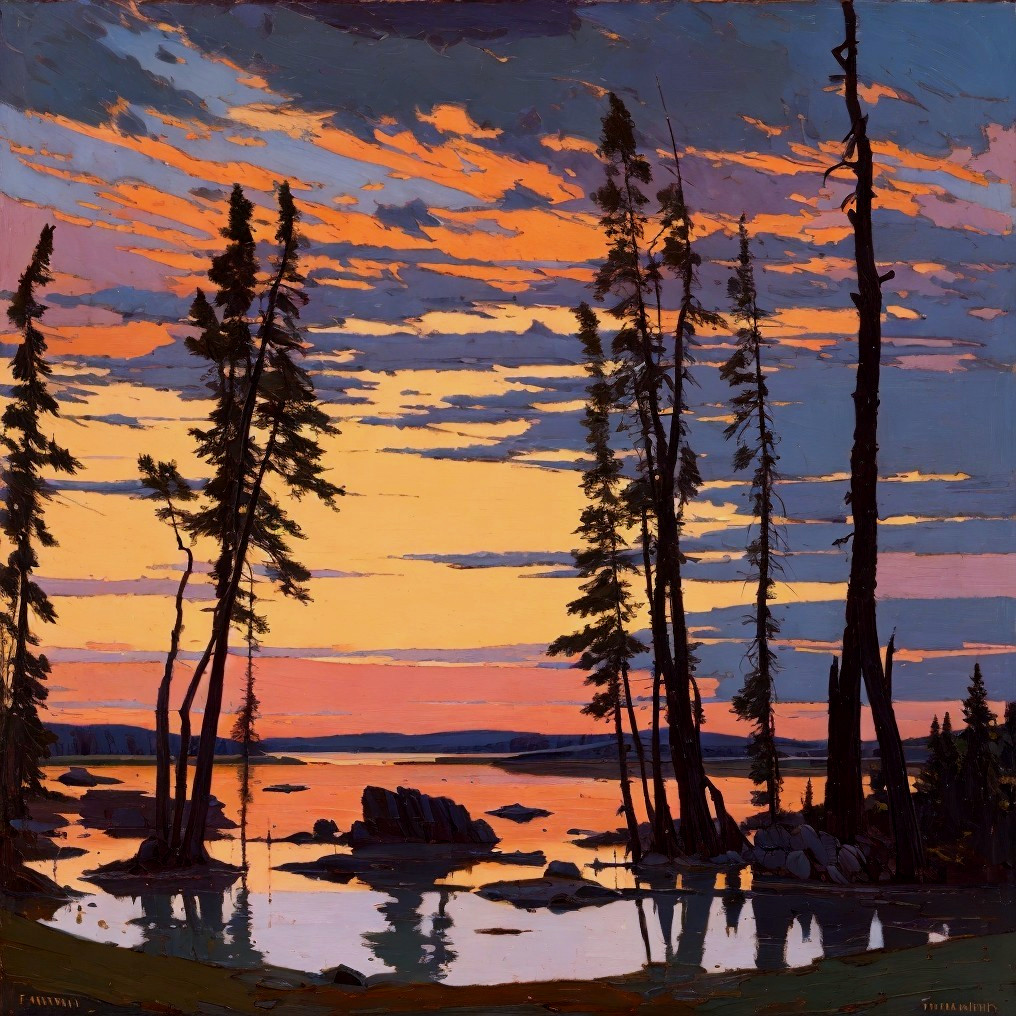 Tranquil Sunset Over a Calm Lake with Trees and Rocks