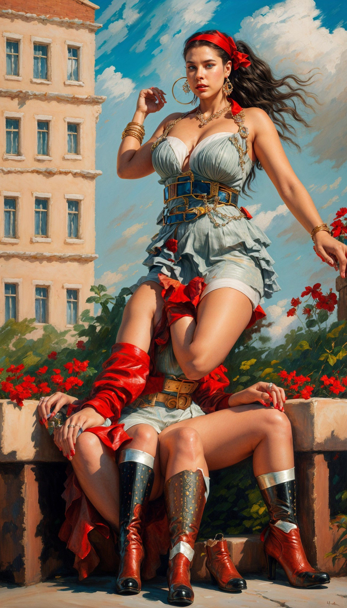 Fashionable Young Woman in Floral and Architectural Setting