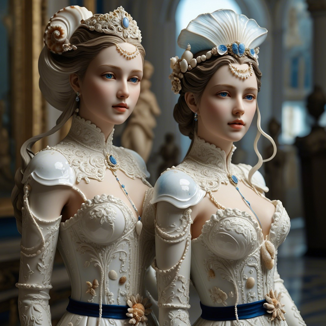 Elegant Figures in Opulent Historical-Fantastical Dresses