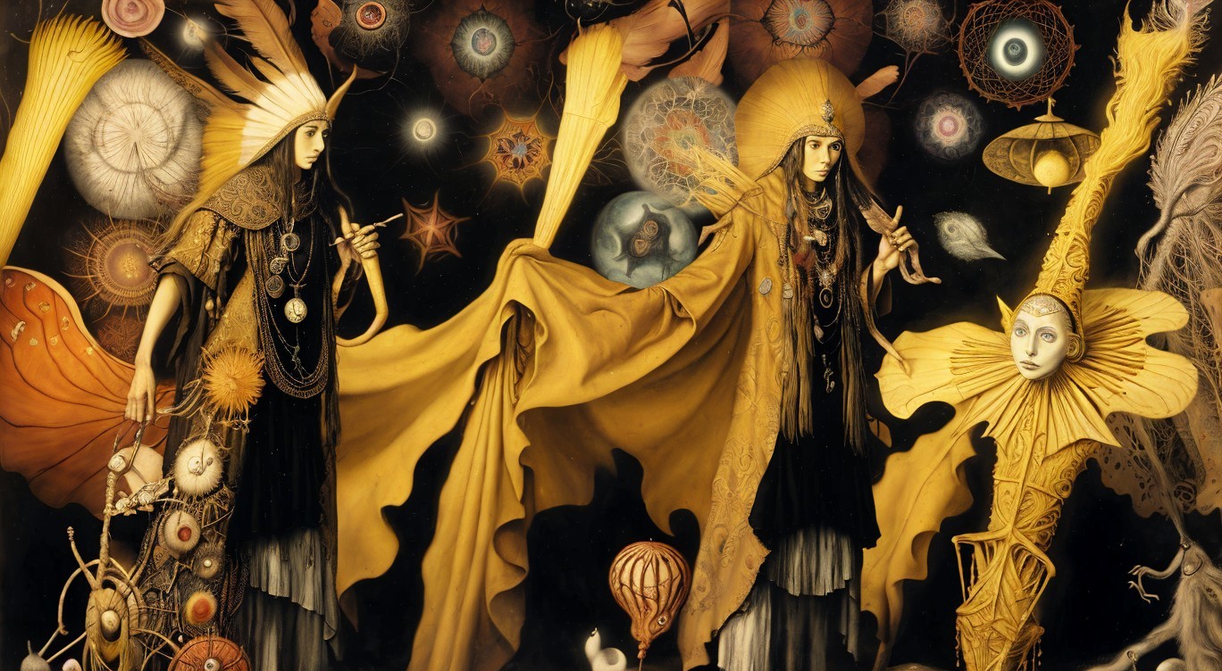 Ethereal Figures in Elaborate Costumes Against Cosmic Backdrop