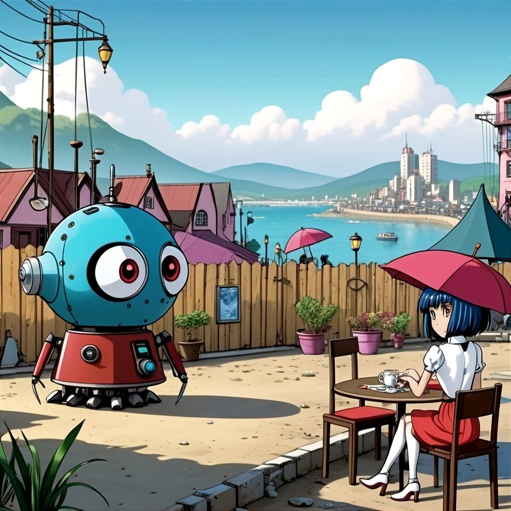 Quirky Blue Robot and Girl in Seaside Town Scene