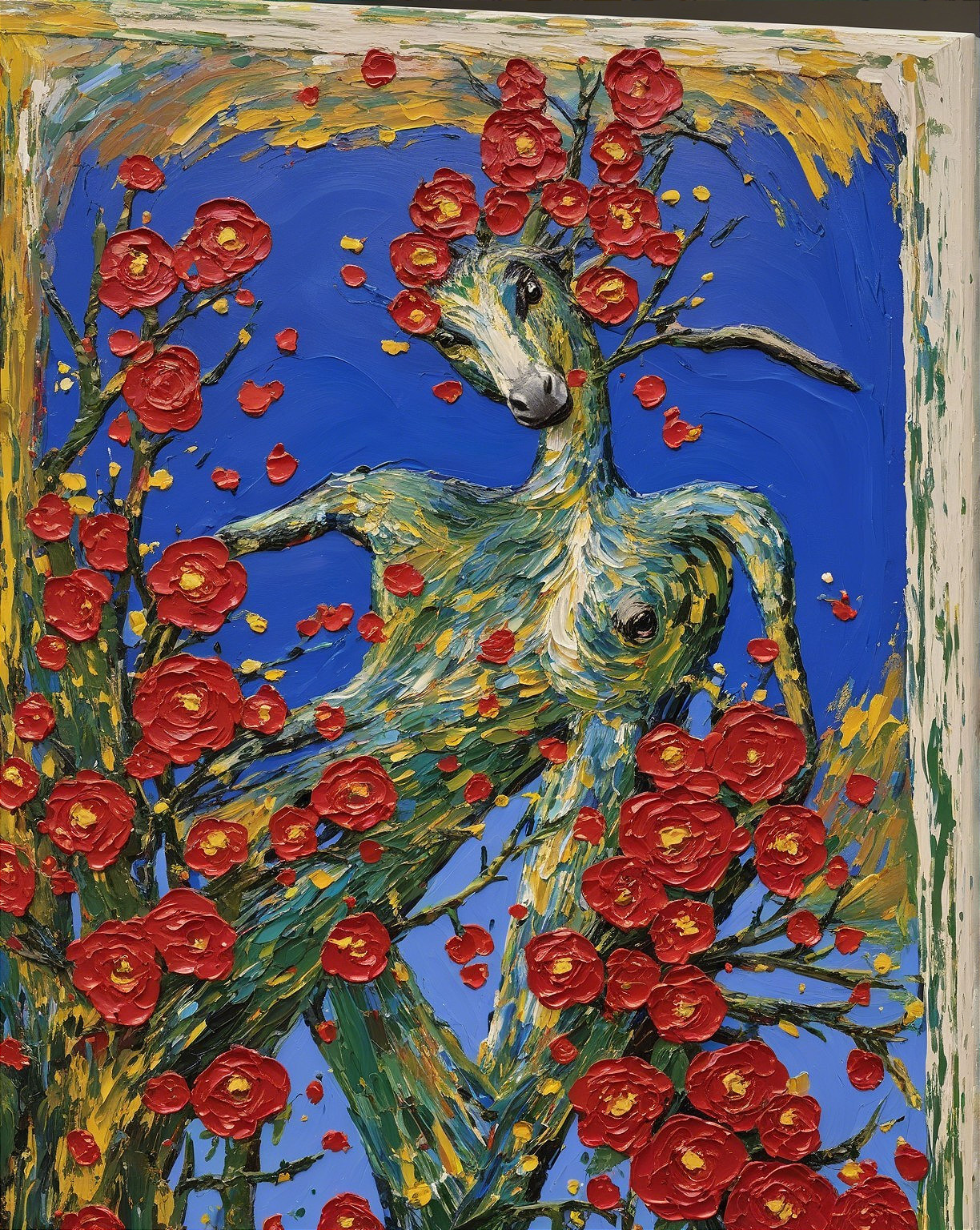 Humanoid Figure Merging with Red Flowers and Blue Background