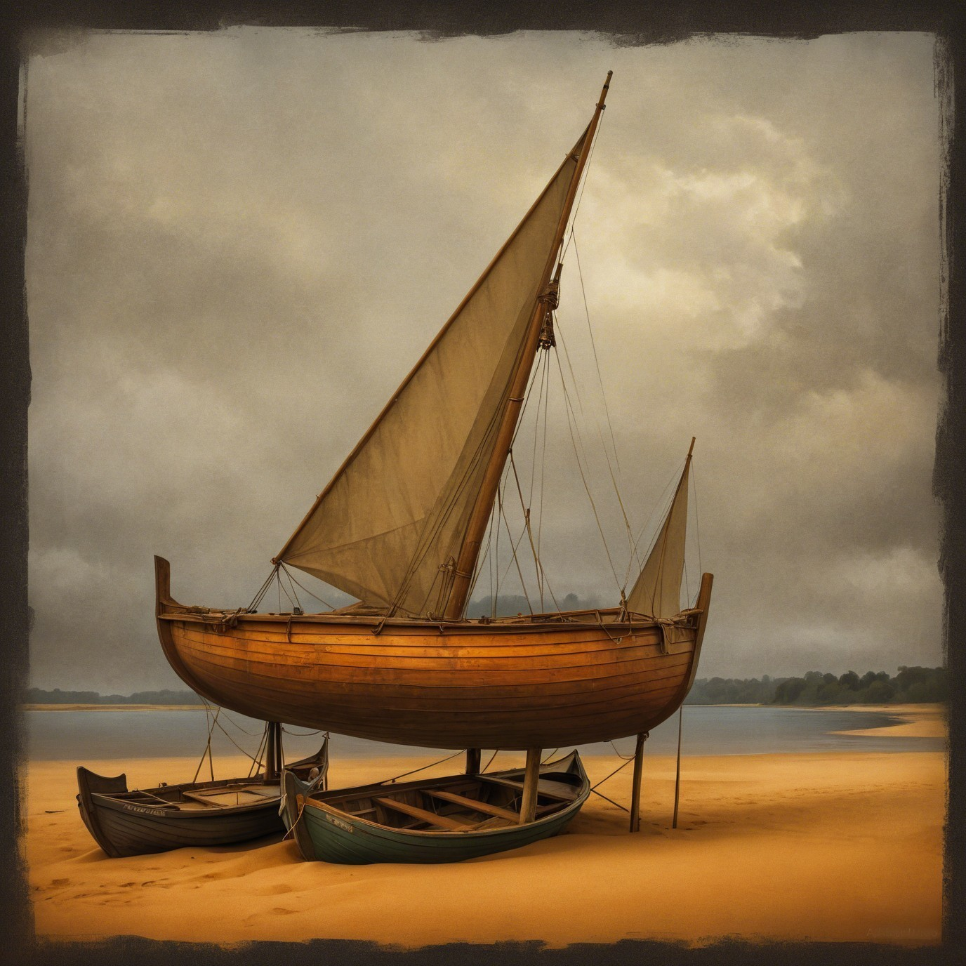 Coastal Scene with Sailboats and Overcast Sky