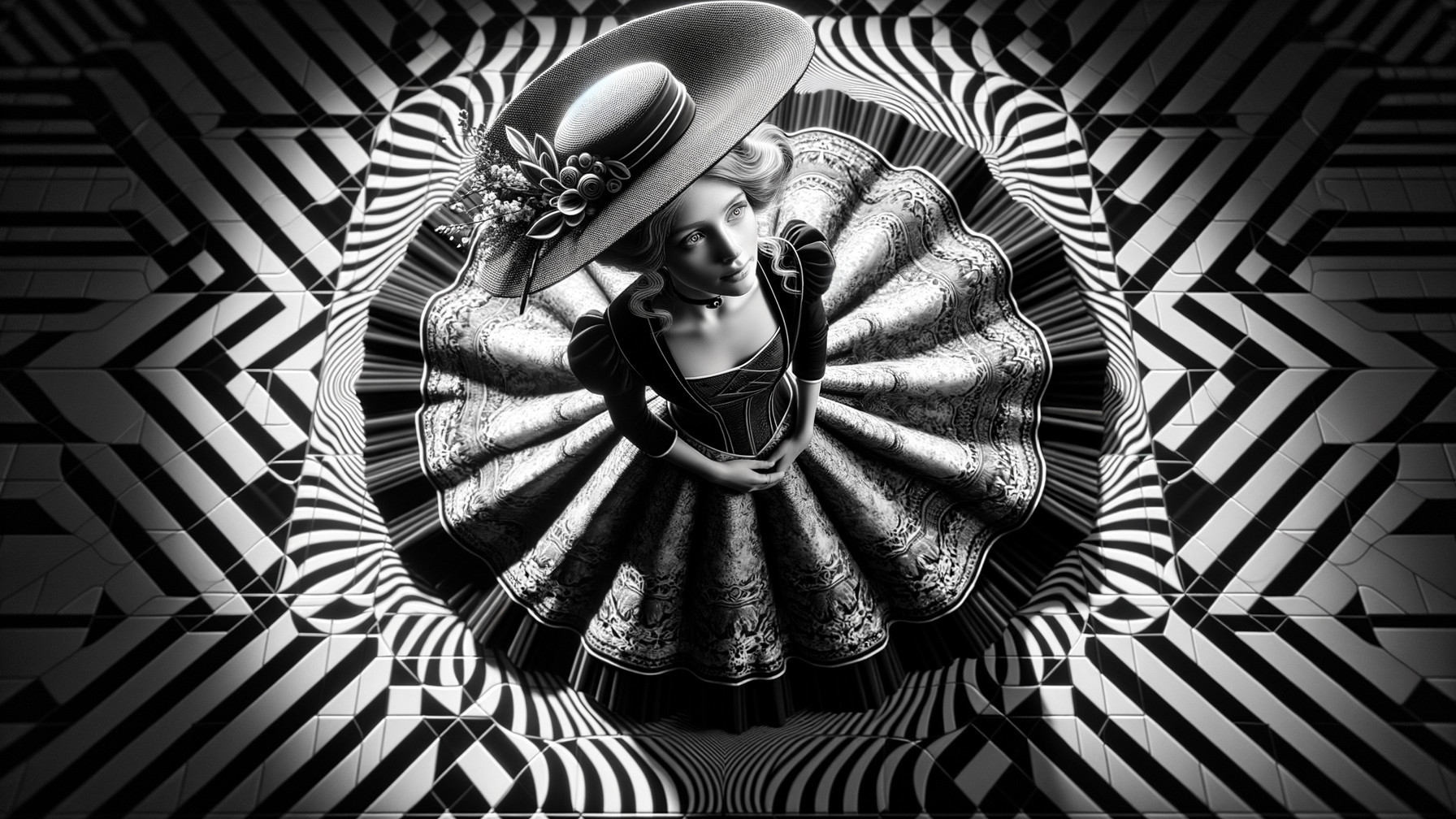 Black-and-white image of a woman in ornate attire