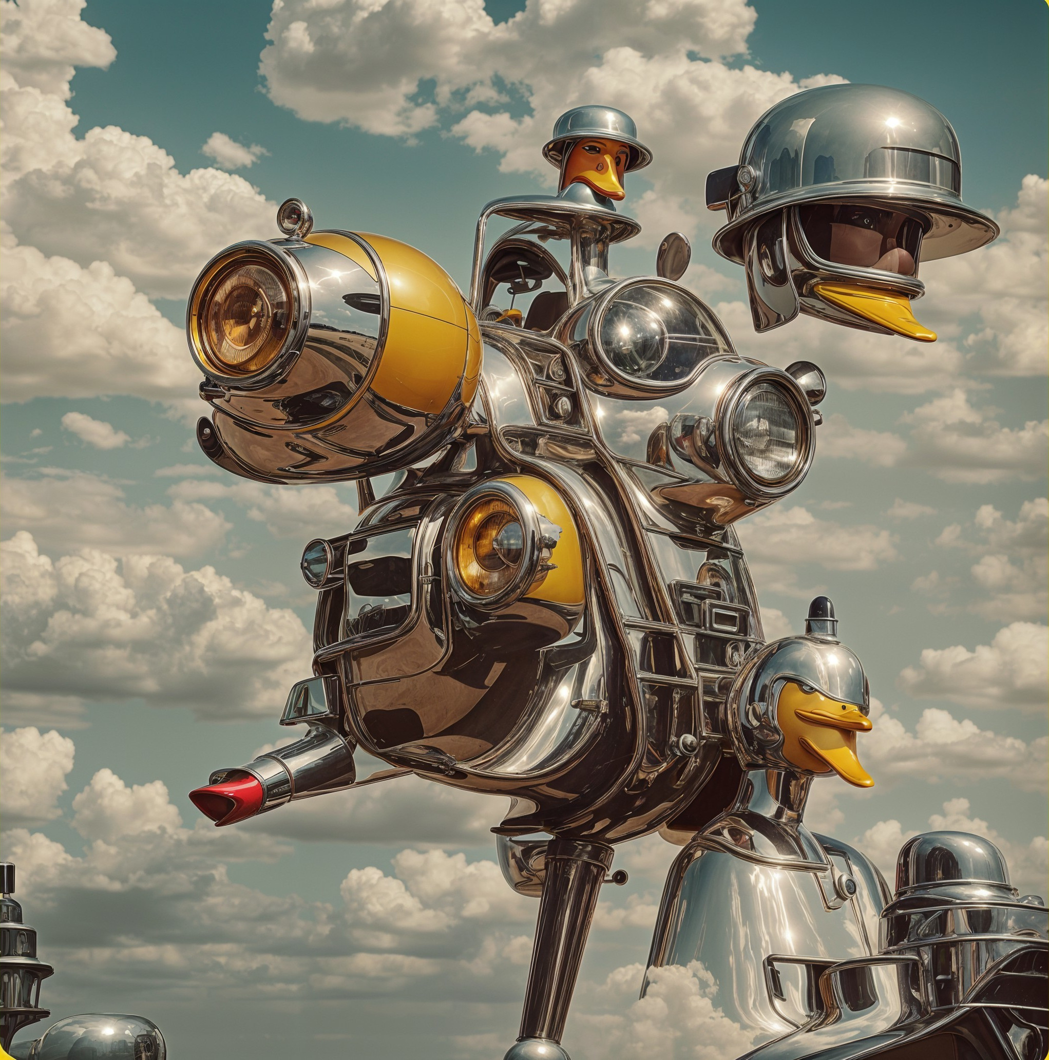 Whimsical motorcycle sculpture with chrome and ducks