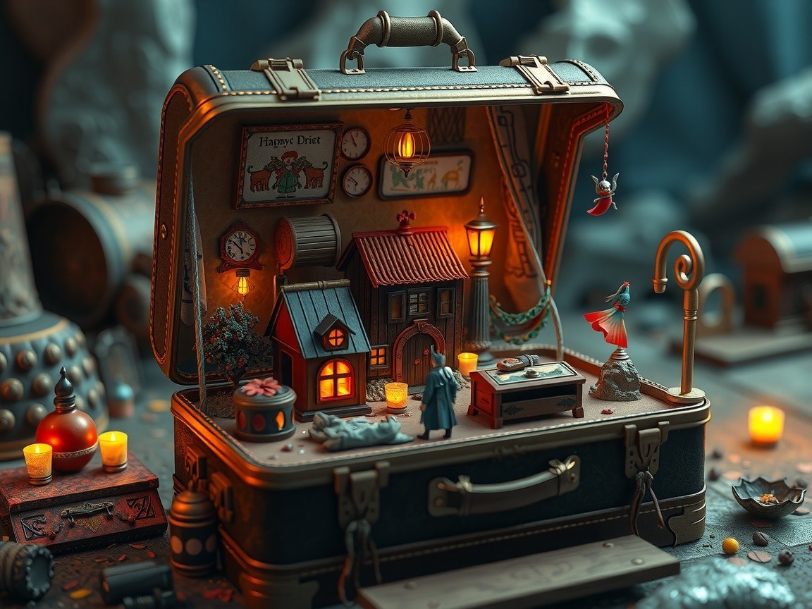 Whimsical Diorama in an Open Suitcase Display