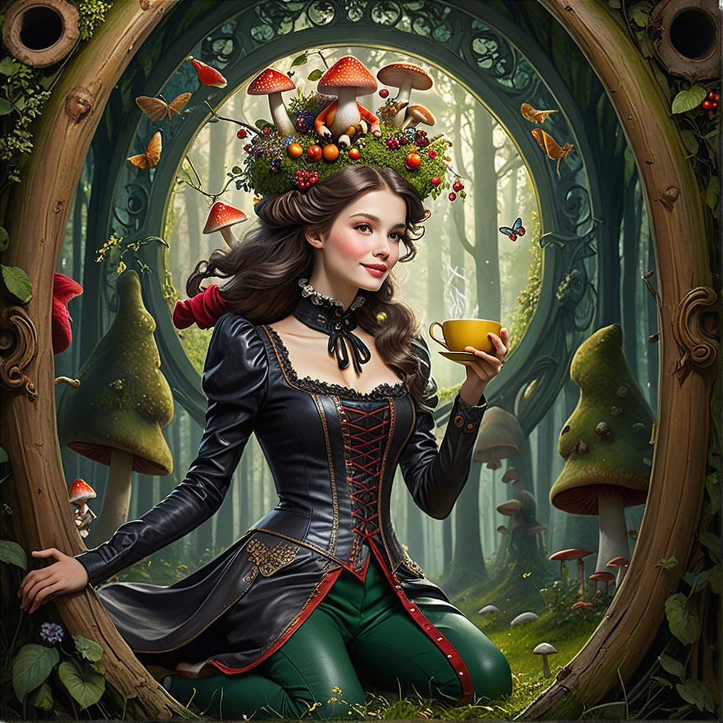 Young woman in magical forest with mushrooms and butterflies