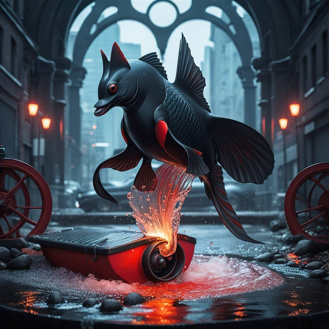 Surreal Scene of Black Fish in Molten-Red Fountain