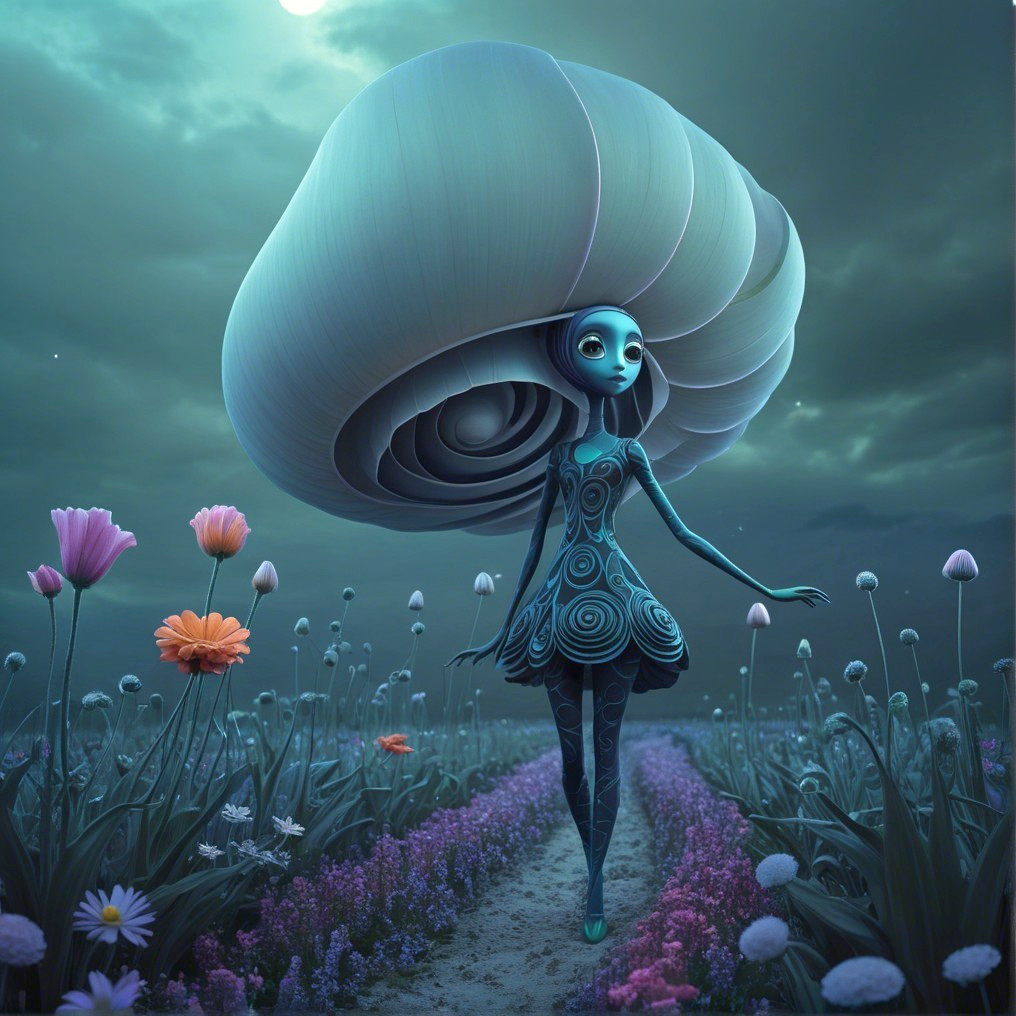 Futuristic figure in a vibrant flower-filled landscape